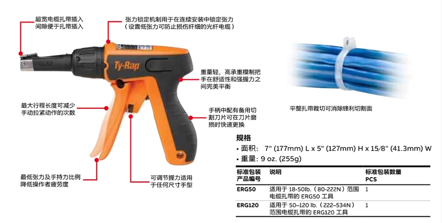 ABB通貝扎帶槍T&B ERG120適用扎帶寬 4.7-7.7mm 扎帶工具